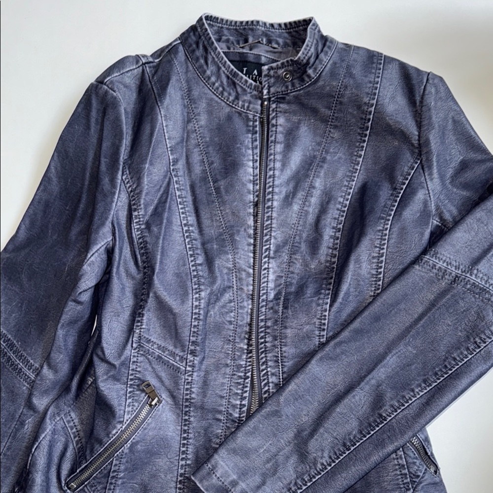 Gray and Blue Leather Jacket with Band Collar and Structured Silhouette